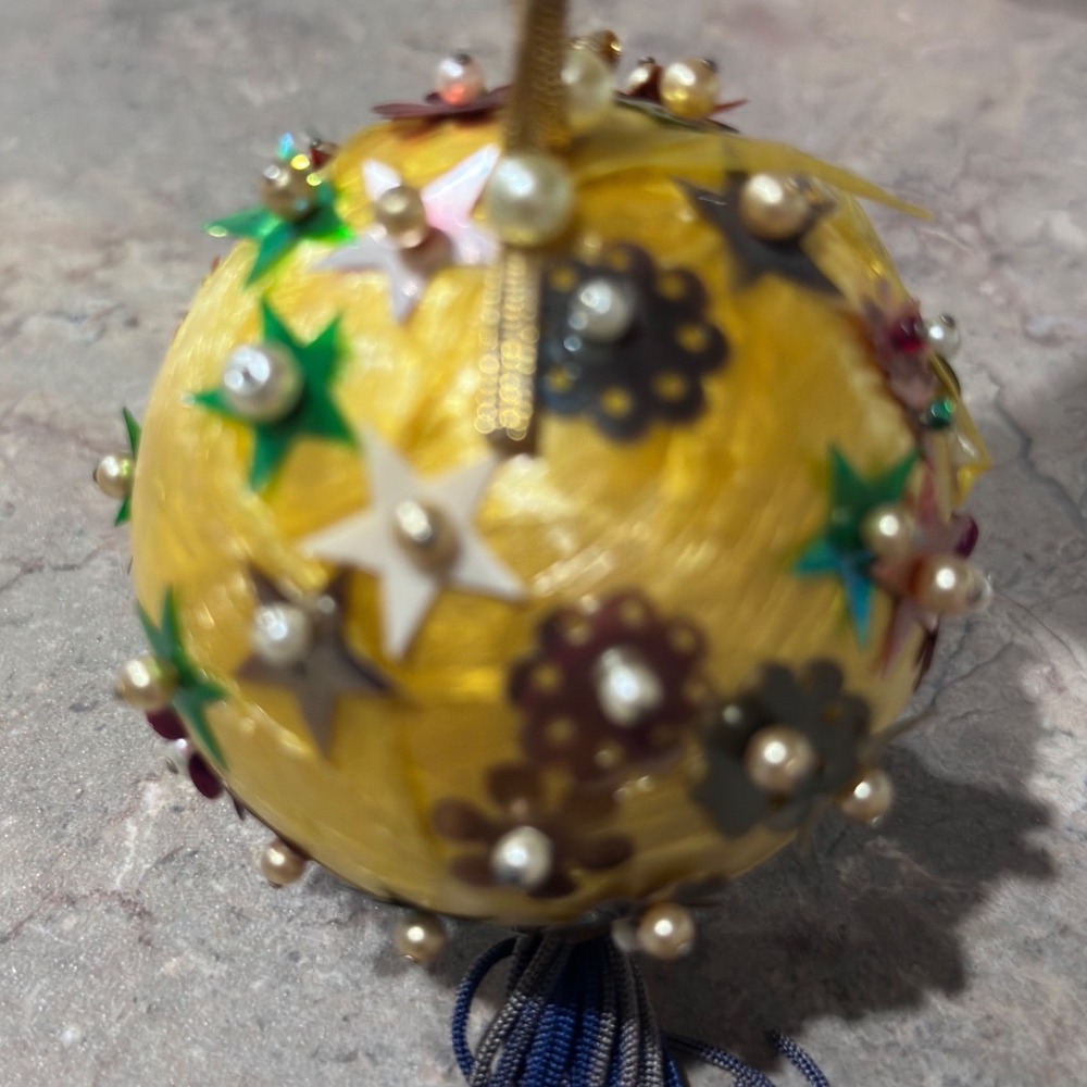 Yellow Satin Sequin Pearl Tassel Christmas Ornament Handmade Mid Century Vintage